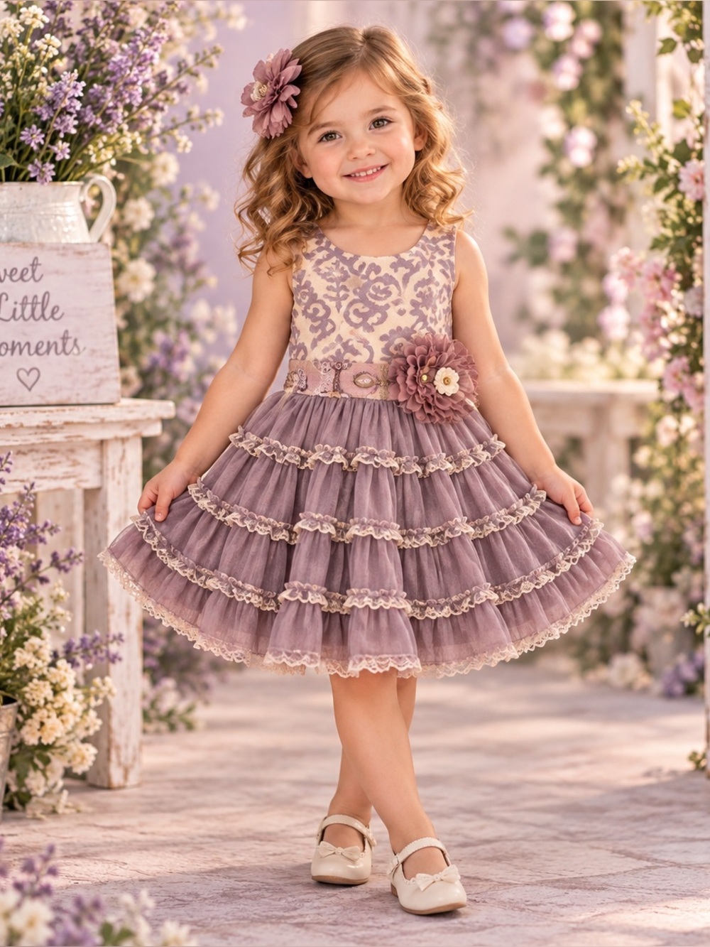 Mustard Pie Girls 3T Lavender Ruffle Tiered Boho Boutique Dress Flower